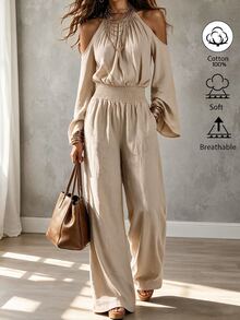 Omancia 100% Cotton Fabric Halter Neck Hollow Out Bell Sleeve Cinched Waist Casual Commute Daily Jumpsuit - Apricot - View 5