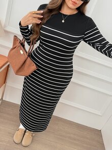 Easowa Curve 大尺碼女款條紋休閒傳統優雅修身日常度假連身裙，適合秋季約會、正式場合與辦公室，黑白配色 - 黑色 - 查看 4