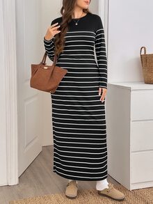 Easowa Curve 大尺碼女款條紋休閒傳統優雅修身日常度假連身裙，適合秋季約會、正式場合與辦公室，黑白配色 - 黑色 - 查看 3