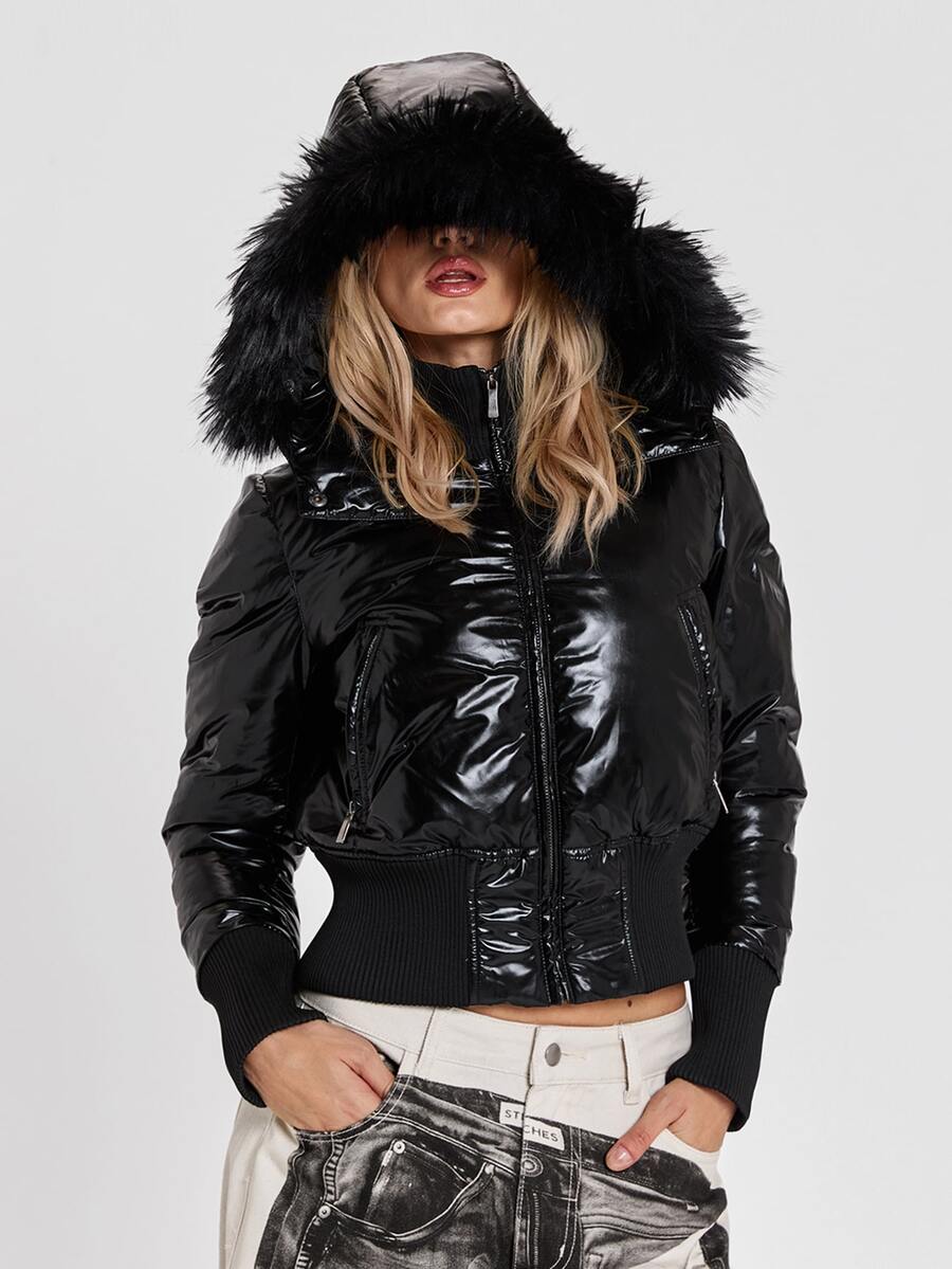 ROMWE Autumn/Winter Y2K Grunge Solid Color All-Match Versatile Patchwork Raw Edge Slim Fit Cropped Padded Coat - Black - View 1