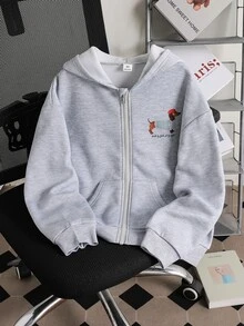 SHEIN 1件大女孩美式休閒可愛風校園日常外出秋季臘腸狗卡通印花拉鍊運動衫 灰色 - 灰色 - 查看 4