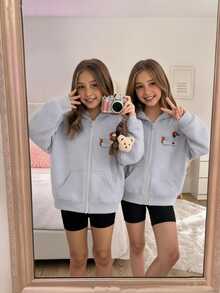 SHEIN 1件大女孩美式休閒可愛風校園日常外出秋季臘腸狗卡通印花拉鍊運動衫 灰色 - 灰色 - 查看 2