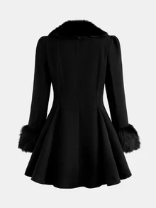 SHEIN Teen Girl Woven Black Double-Breasted Cinched Waist Overcoat - Black - View 3
