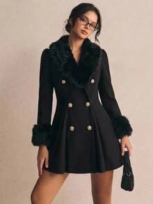 SHEIN Teen Girl Woven Black Double-Breasted Cinched Waist Overcoat - Black - View 8