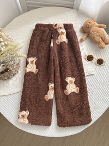 SHEIN 女童卡通休閒毛絨熊百搭鬆緊腰長褲，適合秋冬，休閒可愛百搭 - 彩色 - 查看 5