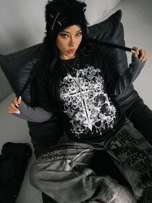 DRPCRD 女款秋冬街頭風休閒 Y2K Grunge Goth Punk 復古棉質十字圖案拼接黑色寬鬆長袖 T 恤，萬聖節 - 黑色 - 查看 2