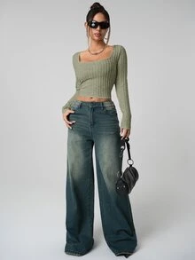 SHEIN ICON 女式纯色长袖简约罗纹休闲 Y2K 方领假日雪地女式米色舒适上衣，日常穿着 - 軍綠色 - 查看 5