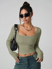 SHEIN ICON 女式纯色长袖简约罗纹休闲 Y2K 方领假日雪地女式米色舒适上衣，日常穿着 - 軍綠色 - 查看 7