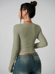 SHEIN ICON 女式纯色长袖简约罗纹休闲 Y2K 方领假日雪地女式米色舒适上衣，日常穿着 - 軍綠色 - 查看 3