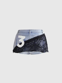 ROMWE Autumn/Winter Rebellious Denim Y2K Millennium Style Patchwork Contrast Color Lace Splicing Distressed Washed Raw Edge Women's Tight Low Waist Denim Skirt - Medium Wash - View 8