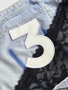 ROMWE Autumn/Winter Rebellious Denim Y2K Millennium Style Patchwork Contrast Color Lace Splicing Distressed Washed Raw Edge Women's Tight Low Waist Denim Skirt - Medium Wash - View 11