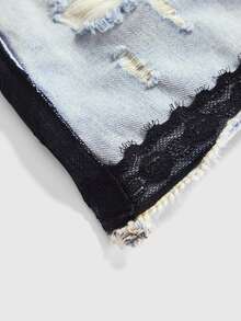 ROMWE Autumn/Winter Rebellious Denim Y2K Millennium Style Patchwork Contrast Color Lace Splicing Distressed Washed Raw Edge Women's Tight Low Waist Denim Skirt - Medium Wash - View 10