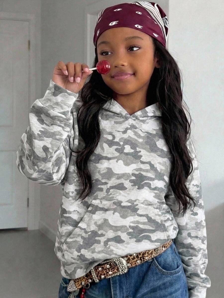 SHEIN Tween Girls Casual Minimalist Kids Style Faux Washed Camouflage All-Over Print Sweatshirt, Suitable For Autumn/Winter - Multicolor - View 1