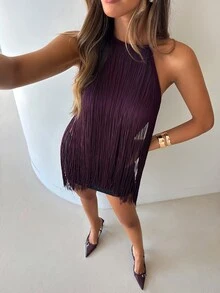 Aloruh Tank Top Wanita Warna Ungu Model Halter Neck dengan Rumbai, Cocok untuk Pesta, Musim Gugur/Dingin - Hijau Tentara - View 6