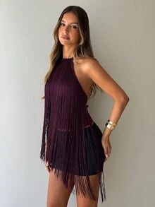 Aloruh Tank Top Wanita Warna Ungu Model Halter Neck dengan Rumbai, Cocok untuk Pesta, Musim Gugur/Dingin - Hijau Tentara - View 5