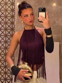 Aloruh Tank Top Wanita Warna Ungu Model Halter Neck dengan Rumbai, Cocok untuk Pesta, Musim Gugur/Dingin - Hijau Tentara - View 1