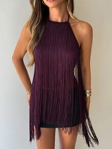 Aloruh Tank Top Wanita Warna Ungu Model Halter Neck dengan Rumbai, Cocok untuk Pesta, Musim Gugur/Dingin - Hijau Tentara - View 7