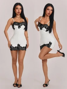SHEIN PETITE Women's Elegant Romantic Exquisite Fashion Lace Patchwork Contrast Color Spaghetti Strap Fitted Mini Dress - Suitable For Daily, Date, Commute, Vacation, Wedding Guest, Party And Music Festival And Other Occasions - White - View 4