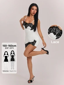 SHEIN PETITE Women's Elegant Romantic Exquisite Fashion Lace Patchwork Contrast Color Spaghetti Strap Fitted Mini Dress - Suitable For Daily, Date, Commute, Vacation, Wedding Guest, Party And Music Festival And Other Occasions - White - View 11