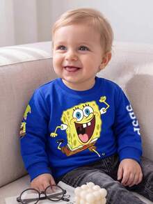 SpongeBob SquarePants | SHEIN Baby Boys Sweatshirt Casual Royal Blue Cartoon Letter Graphic Loose Long Sleeve Crewneck Rib-Knit Fall Back To School Cute Tops - Blue - View 7