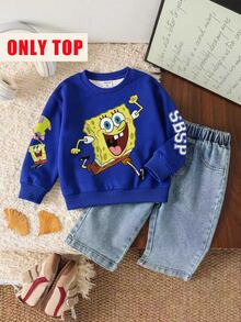 SpongeBob SquarePants | SHEIN Baby Boys Sweatshirt Casual Royal Blue Cartoon Letter Graphic Loose Long Sleeve Crewneck Rib-Knit Fall Back To School Cute Tops - Blue - View 3