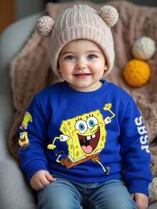 SpongeBob SquarePants | SHEIN Baby Boys Sweatshirt Casual Royal Blue Cartoon Letter Graphic Loose Long Sleeve Crewneck Rib-Knit Fall Back To School Cute Tops - Blue - View 8