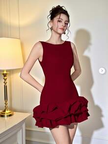 Poshira Women's Burgundy Sleeveless Boat Neck Bodycon Mini Dress,Elegant Smooth Crepe Layered Ruffled Hem Cocktail Party Prom Outfit,Backless Knit Dress - Burgundy - View 2