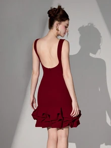 Poshira Women's Burgundy Sleeveless Boat Neck Bodycon Mini Dress,Elegant Smooth Crepe Layered Ruffled Hem Cocktail Party Prom Outfit,Backless Knit Dress - Burgundy - View 3