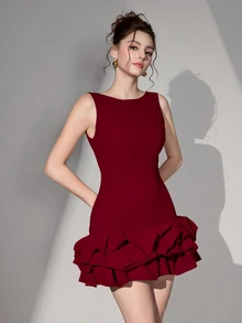 Poshira Women's Burgundy Sleeveless Boat Neck Bodycon Mini Dress,Elegant Smooth Crepe Layered Ruffled Hem Cocktail Party Prom Outfit,Backless Knit Dress - Burgundy - View 5