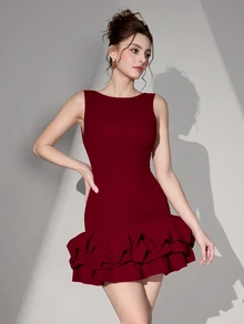 Poshira Women's Burgundy Sleeveless Boat Neck Bodycon Mini Dress,Elegant Smooth Crepe Layered Ruffled Hem Cocktail Party Prom Outfit,Backless Knit Dress - Burgundy - View 7