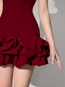Poshira Women's Burgundy Sleeveless Boat Neck Bodycon Mini Dress,Elegant Smooth Crepe Layered Ruffled Hem Cocktail Party Prom Outfit,Backless Knit Dress - Burgundy - View 4