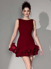Poshira Women's Burgundy Sleeveless Boat Neck Bodycon Mini Dress,Elegant Smooth Crepe Layered Ruffled Hem Cocktail Party Prom Outfit,Backless Knit Dress - Burgundy - View 9