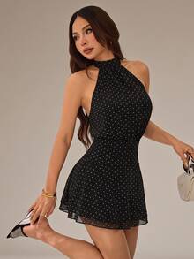 SHEIN PETITE Women's Polka Dot Halter Neck Casual Date Party Mini Dress - Black - View 9