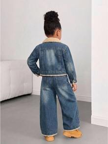SHEIN Young Girl 2件組女童秋冬時尚復古藍色短夾克與牛仔褲套裝，女童街頭風幼兒套裝 - 藍色 - 查看 2