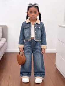 SHEIN Young Girl 2件組女童秋冬時尚復古藍色短夾克與牛仔褲套裝，女童街頭風幼兒套裝 - 藍色 - 查看 1
