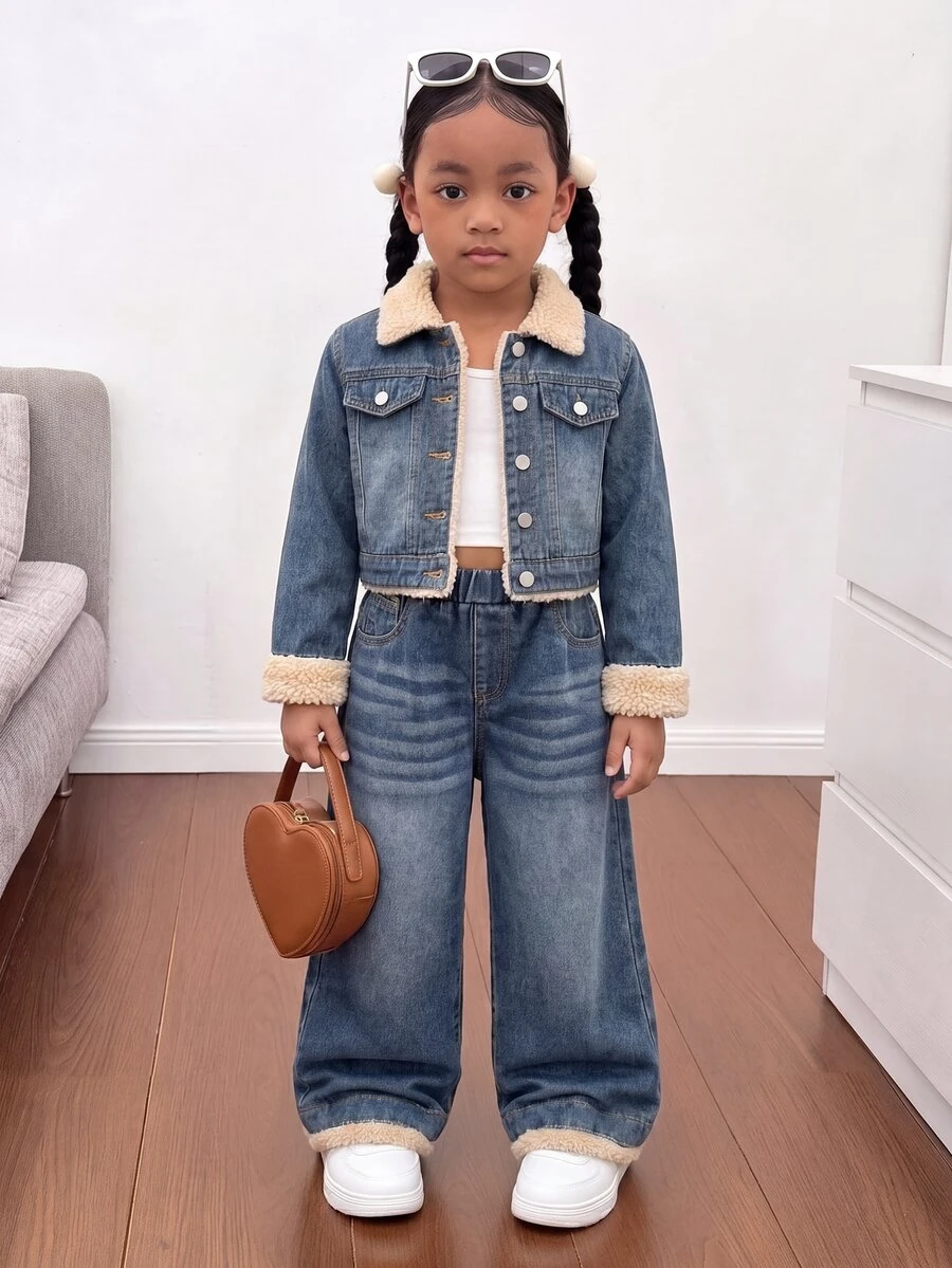 SHEIN Young Girl 2件組女童秋冬時尚復古藍色短夾克與牛仔褲套裝,女童街頭風幼兒套裝 - 藍色 - 查看 1