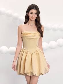Poshira Women's Bud Spaghetti Strap Luxury Party Dress,Short Soft Graduation Evening Dress,Prom Dress Graduation Gifts - Apricot - View 2