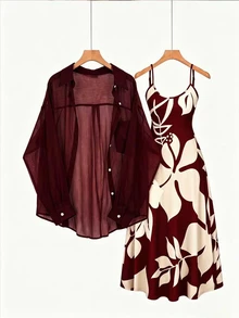 SHEIN LUNE Plus Size Casual Chiffon Jacket Shirt And Knit Printed Cami Dress 2 Pieces Set - Burgundy - View 1
