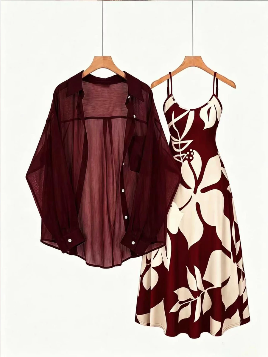SHEIN LUNE Plus Size Casual Chiffon Jacket Shirt And Knit Printed Cami Dress 2 Pieces Set - Burgundy - View 1