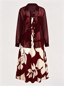 SHEIN LUNE Plus Size Casual Chiffon Jacket Shirt And Knit Printed Cami Dress 2 Pieces Set - Burgundy - View 5