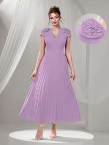 Poshira Women's Elegant Solid Color V-Neck 3D Floral Decor Pleated Hem Ballgown - Purple - View 2