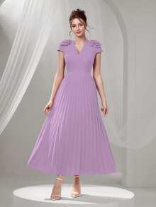 Poshira Women's Elegant Solid Color V-Neck 3D Floral Decor Pleated Hem Ballgown - Purple - View 7