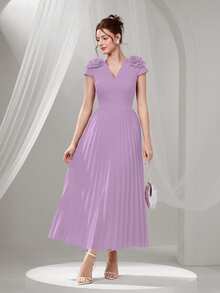 Poshira Women's Elegant Solid Color V-Neck 3D Floral Decor Pleated Hem Ballgown - Purple - View 5
