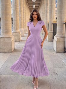 Poshira Women's Elegant Solid Color V-Neck 3D Floral Decor Pleated Hem Ballgown - Purple - View 1