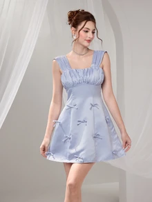 Poshira Women's Woven Solid Color Bow Detail Strap Short Dress, Party Dress, For Cocktail - Blue - View 2