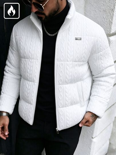 Manfinity CasualCool معطف رجالي مبطن ومحشو بنسيج منقوش، سحاب وياقة واقفة، تفاصيل لوحة معدنية، جاكيت كاجوال يومي للخريف/الشتاء