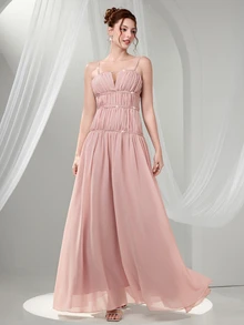 Poshira Women Solid Color Ruffle Elegant V-Neck Cocktail Party Dress,Ladies Formal Prom Easter Dress,Western Style Evening Gowns For Women - Pink - View 2