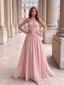 Poshira Women Solid Color Ruffle Elegant V-Neck Cocktail Party Dress,Ladies Formal Prom Easter Dress,Western Style Evening Gowns For Women - Pink - View 1