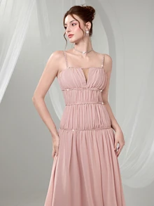 Poshira Women Solid Color Ruffle Elegant V-Neck Cocktail Party Dress,Ladies Formal Prom Easter Dress,Western Style Evening Gowns For Women - Pink - View 5
