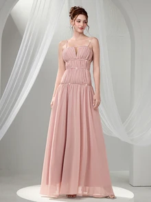 Poshira Women Solid Color Ruffle Elegant V-Neck Cocktail Party Dress,Ladies Formal Prom Easter Dress,Western Style Evening Gowns For Women - Pink - View 4